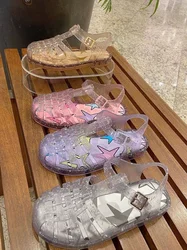 Star sequins with hollowed out glass slipper flat sandals for children