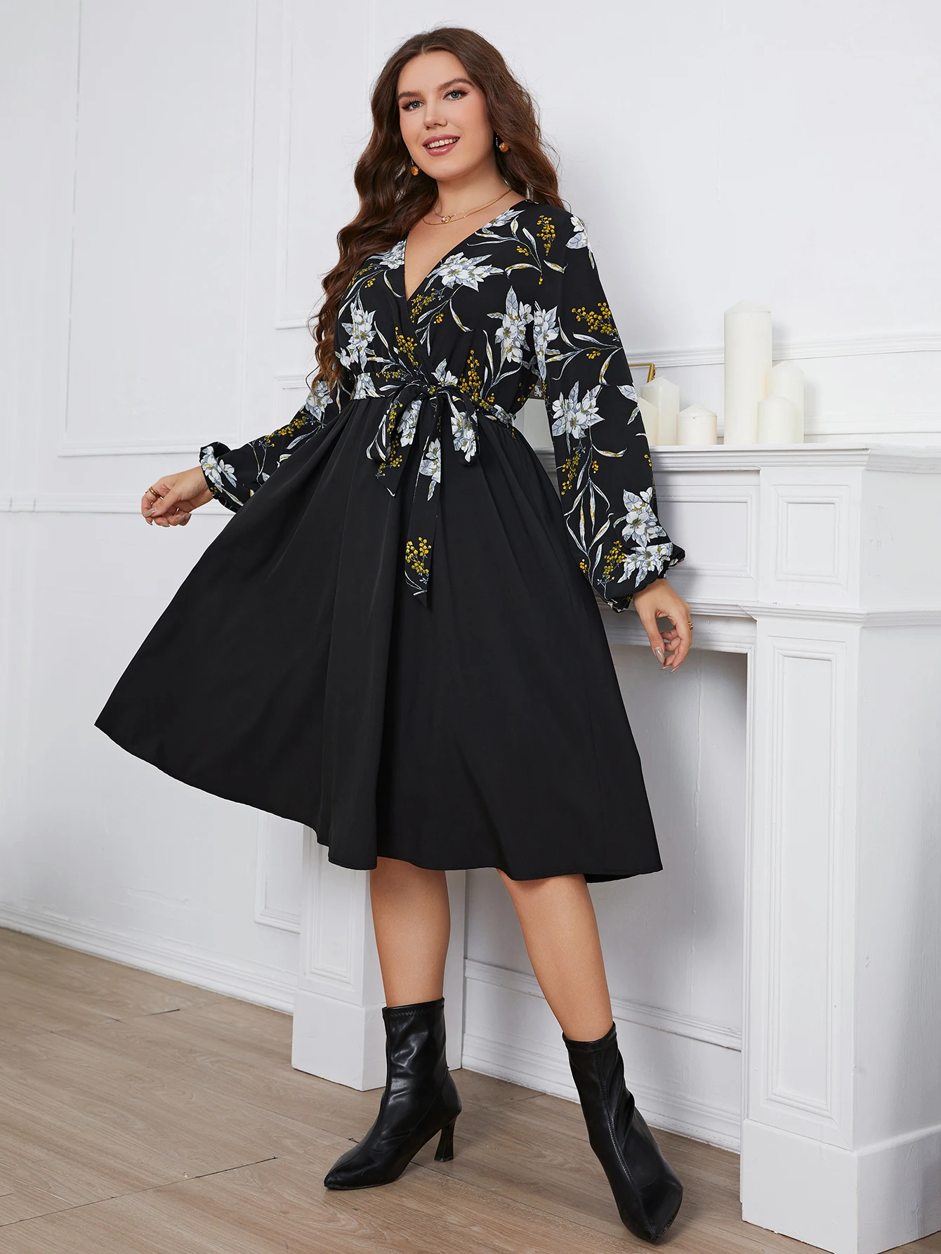 Plus Size Dresses For Women Casual Clothing V Neck Long Sleeves Elegant Party Black Large Size Female Midi Dress 3XL 4XL
