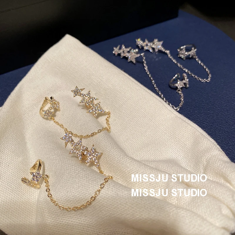 Lingzhi Wu-Elegant Five-Pointed Star Stud Earrings, Ear Bone Clip, Ear Chain, Influencer Tassel, 925 Silver, New Arrival