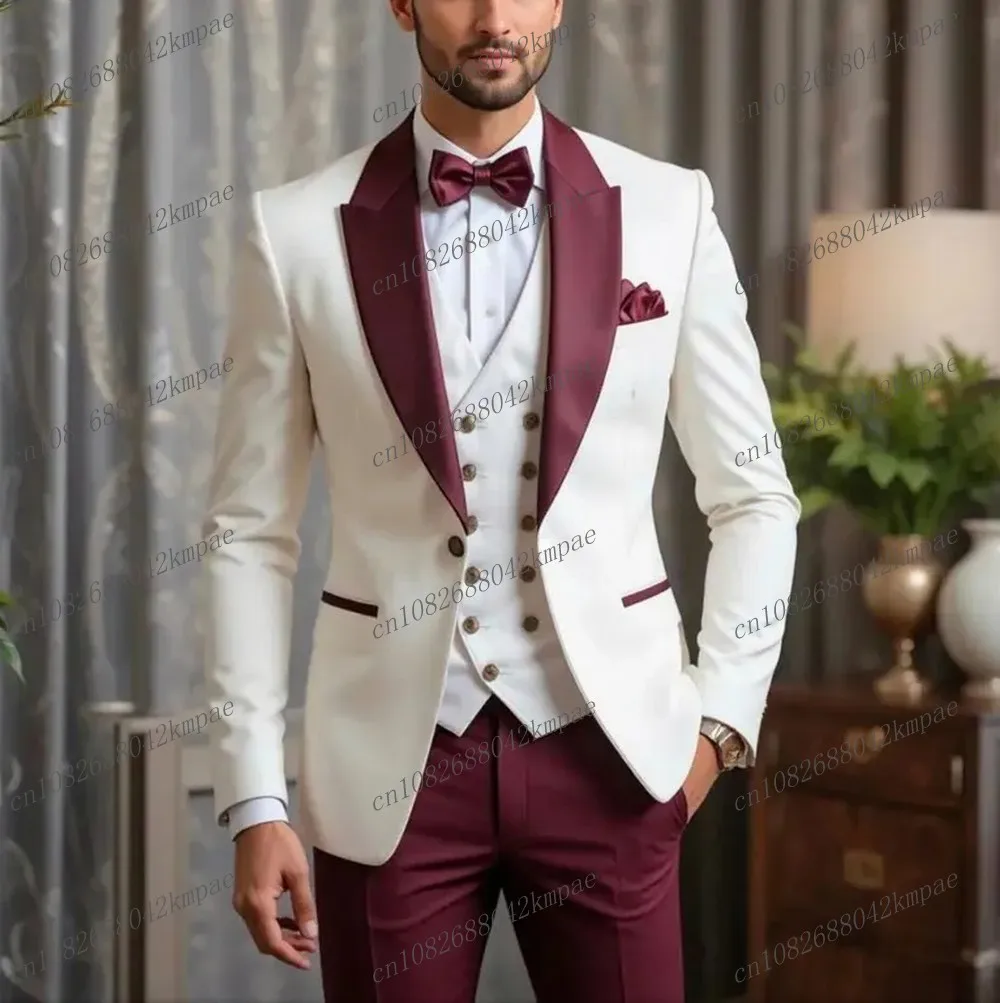 

White And Burgundy Business Tuxedos Formal Occasion Groom Groomsman Wedding Party Prom Suit Male 3 Piece Set Blazer Vest Pants