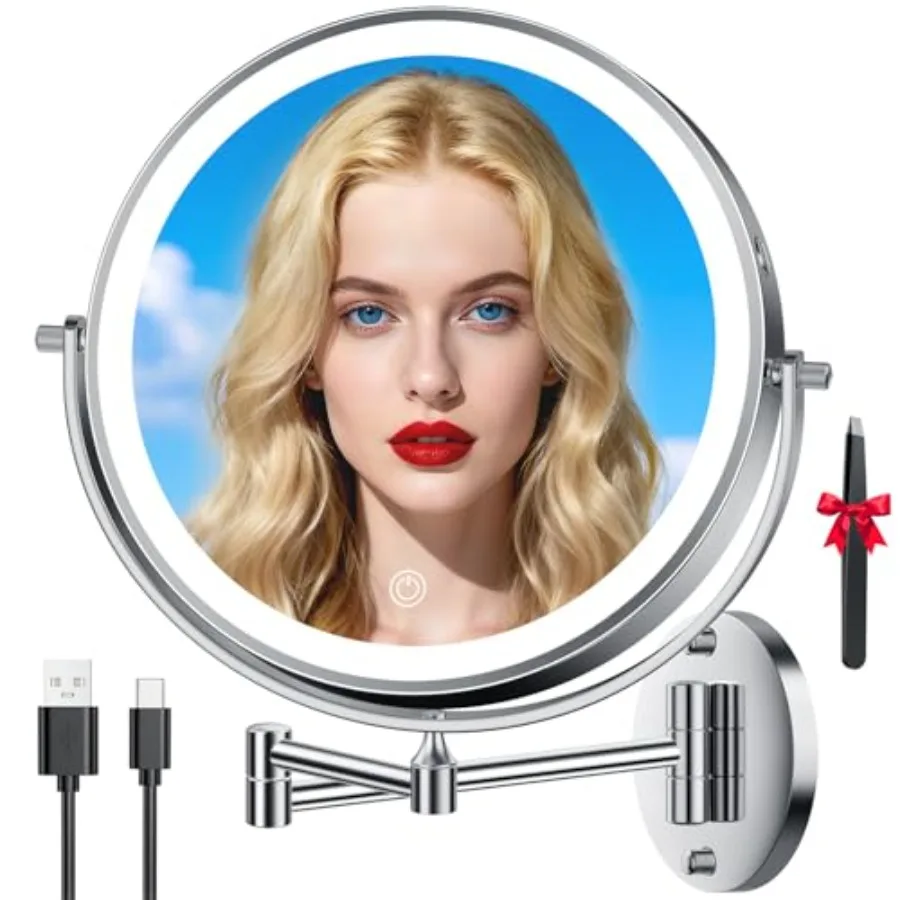 

10'' 30X/1X Wall Mounted Lighted Makeup Mirror with 5000mAh Rechargeable Battery Double-Sided Magnifying Mirror Featuring LED T