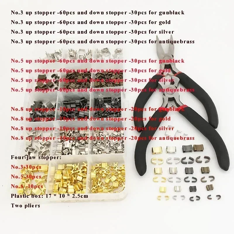 1Set 3# 5# 8# Metal Zipper Stopper Non-slip Bag Jacket Zips Repair Kits Sets Zippers Replacement Tool DIY Tailoring Accessories