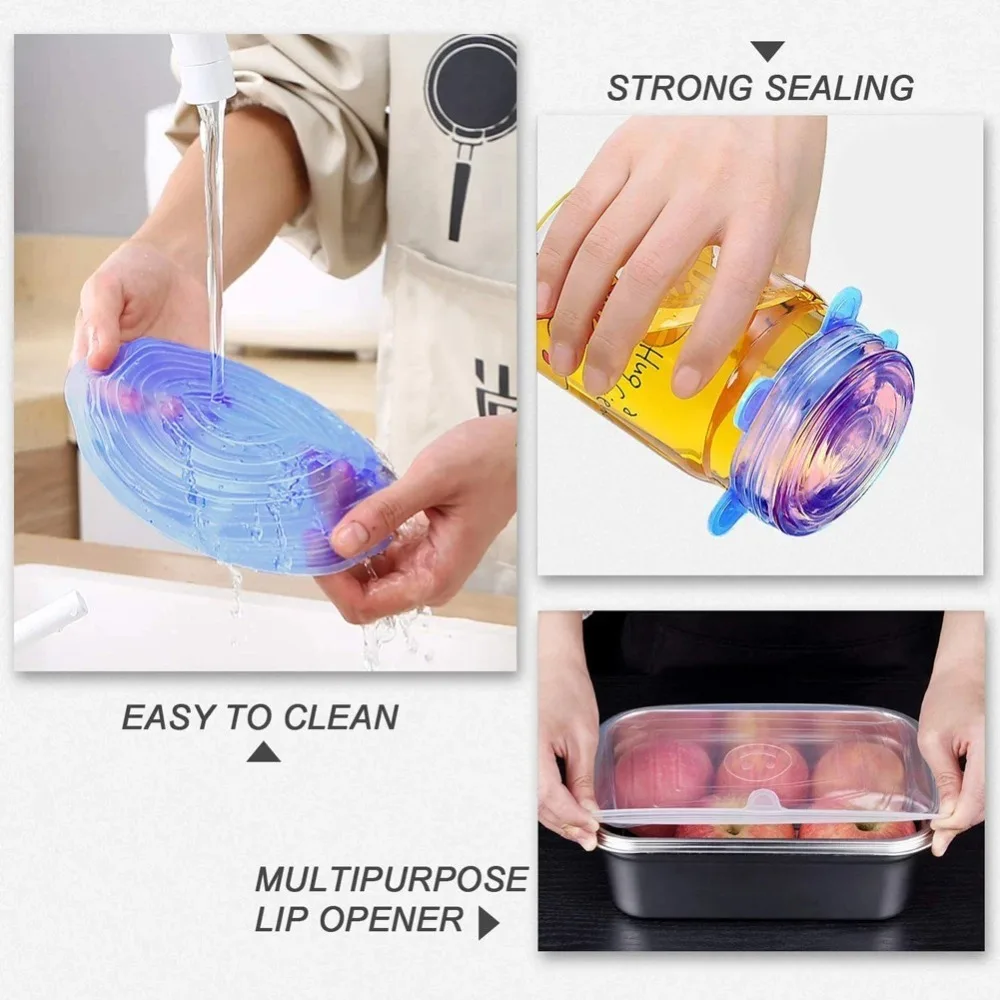 6Pcs Silicone Cover Stretch Lids Reusable Airtight Food Wrap Covers Keeping Fresh Seal Bowl Stretch Wrap Cover Kitchen Cookware