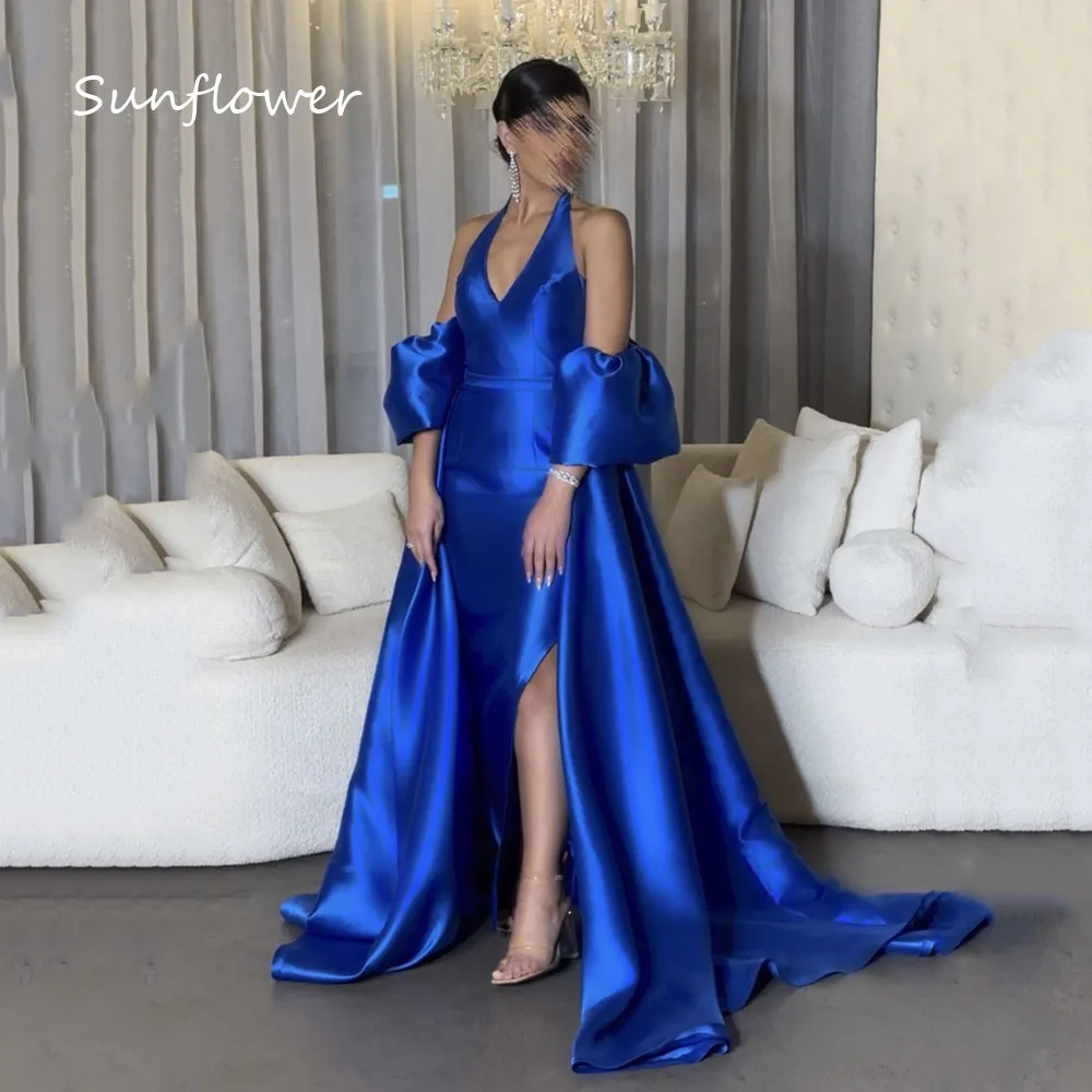 

Sunflower Simple Blue Halter Satin Mermaid Prom dress 2024 Slim Backless Floor-Length Formal Evening Dress Sweep Train