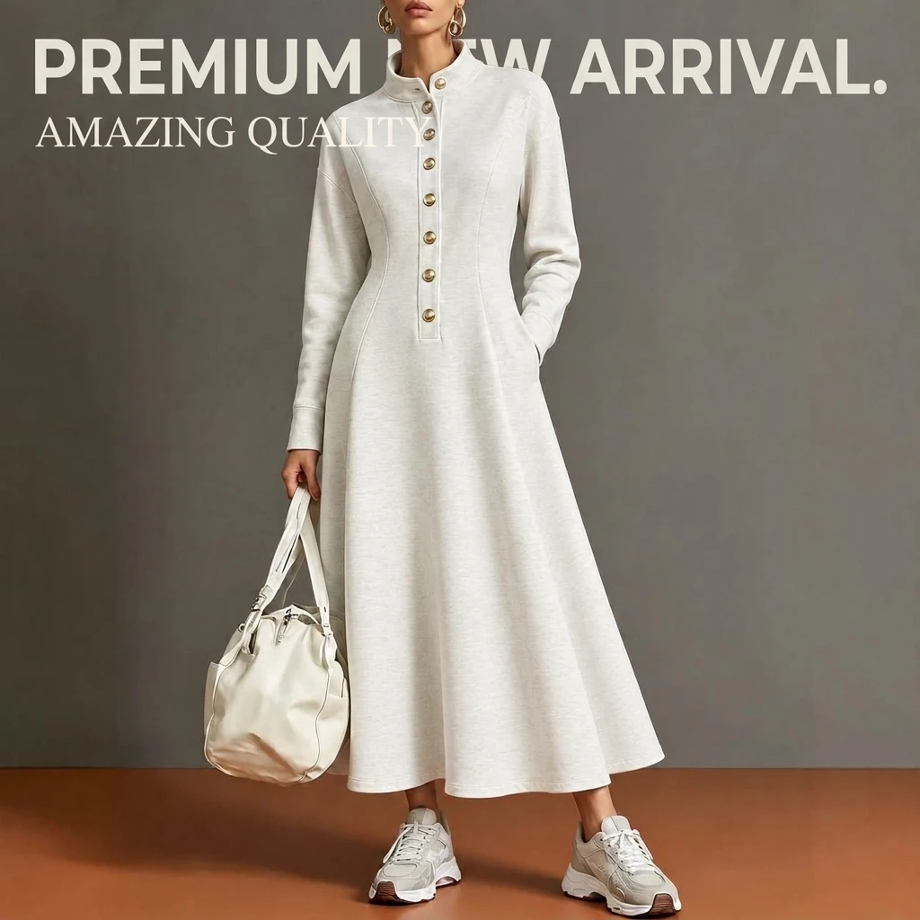 Maxi Dress Women's Long Sleeve Stand Collar Button Front A-Line Knit Swing Long Dress