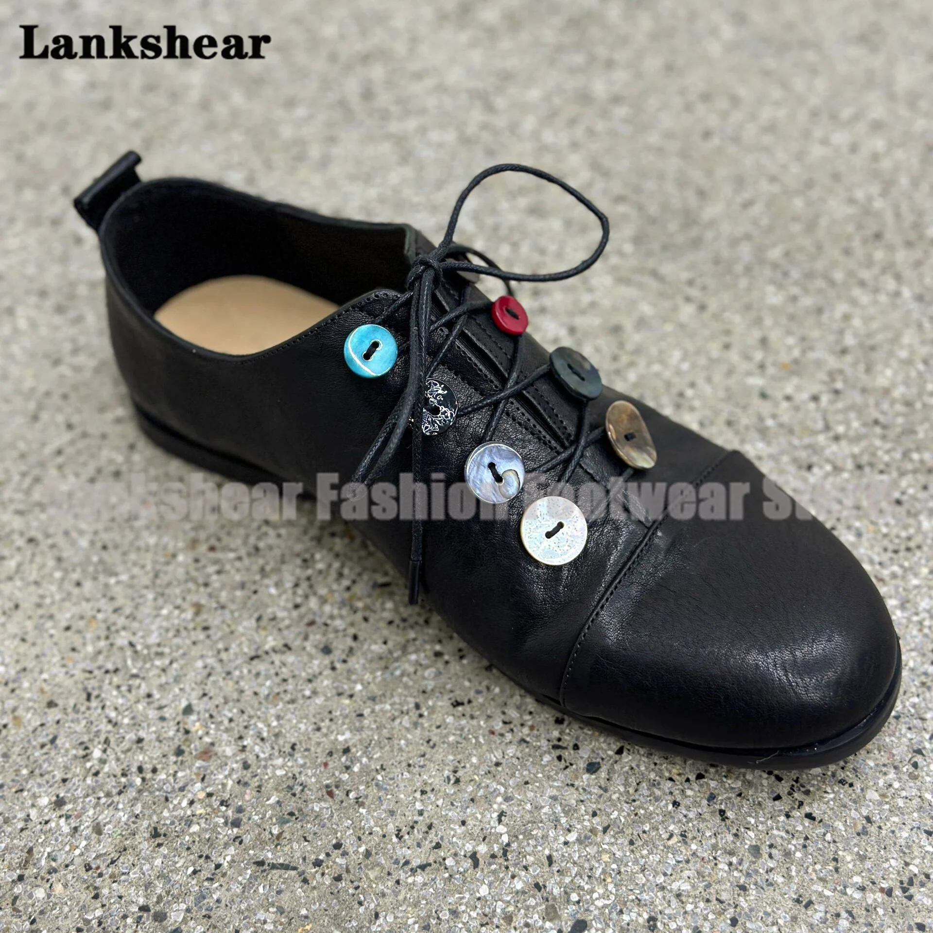 

Colorful Button Flat Loafers Women's Lace Up Mary Janes British Style Women Shoes Summer Round Toe Single Shoes Casual Shoes