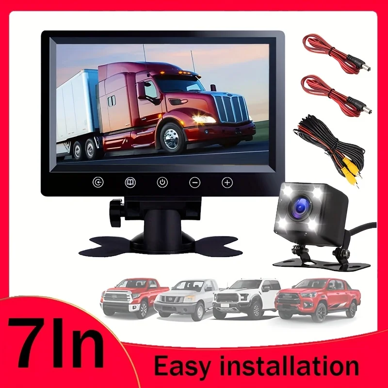 17.78cm New Touch Button Monitor 4 LED Reverse Camera Kit with Parking Guide Universal Fit for Truck Pickup Trailer Van Bus RV
