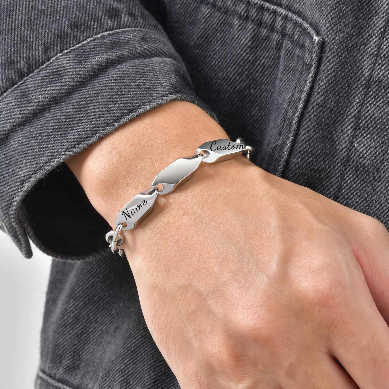 

Hip-hop Men's Bracelet Free Engraving Stainless Steel Personality Rhombus Chain Jewelry Casual Jewelry Suitable for 21cm wrists