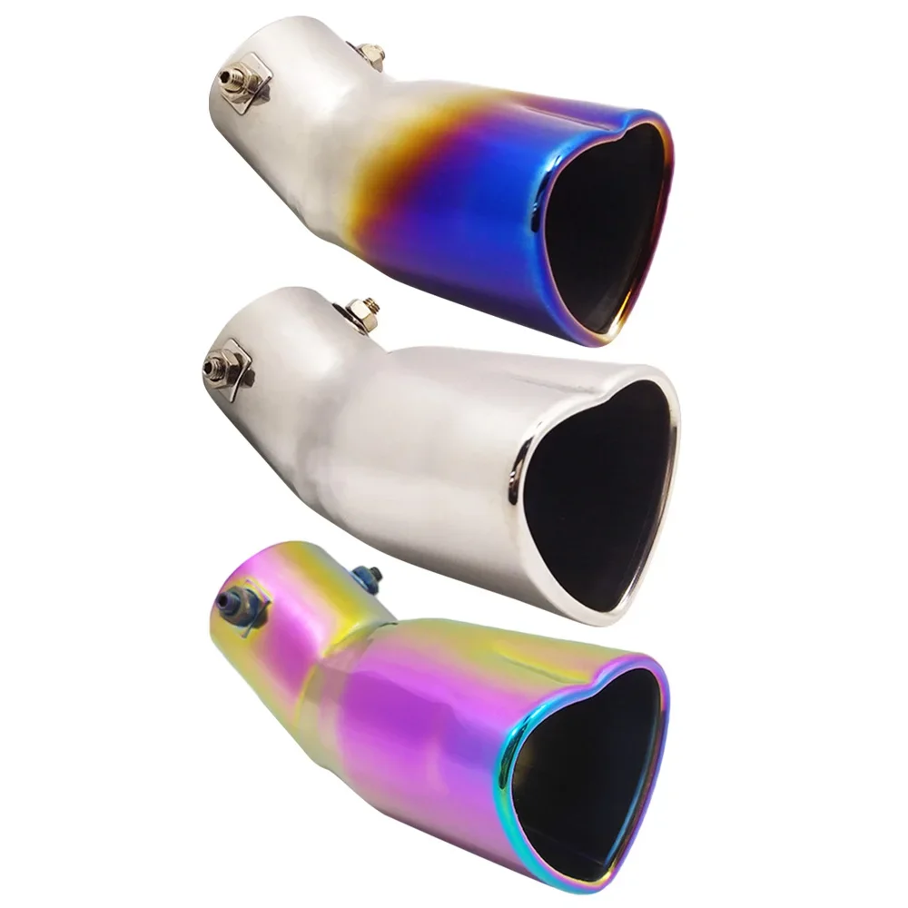 Universal Heart Shaped Car Exhaust Muffler Tip Stainless Steel Pipe Chrome Exhaust Tail Muffler Tip Pipe Silver Rainbow Blue