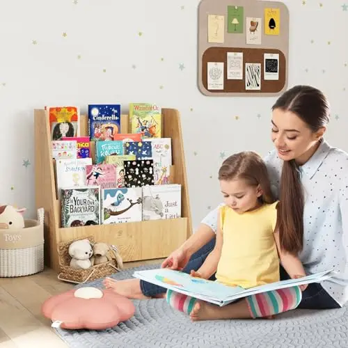 Kids Bookshelf, 4-Tier Wooden Toddler Bookcase, Children Book Rack & Magazine Display Shelf, Toy Storage Organizer
