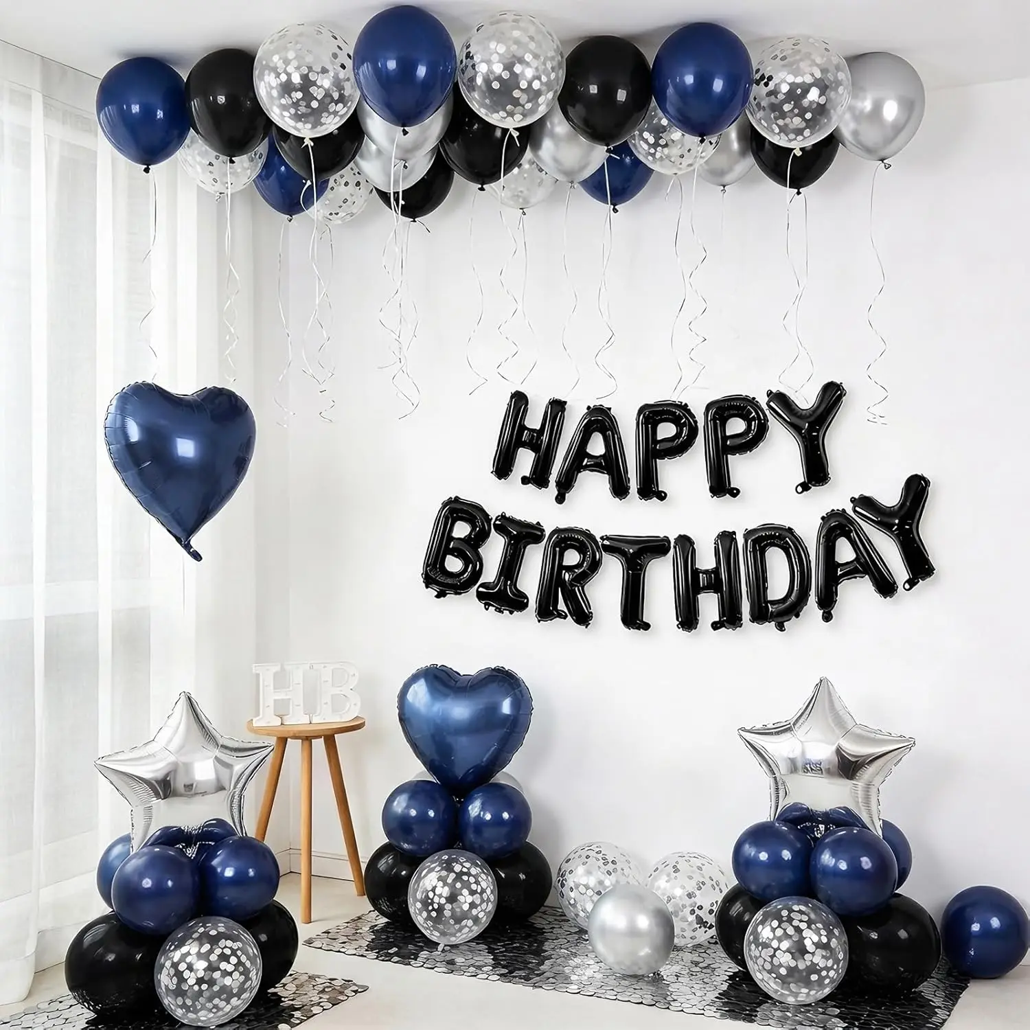 Navy Blue & Black Men's Birthday Decor Set - Blue, Black, White Balloons, Happy Birthday Banner & Silver Confetti Balloons
