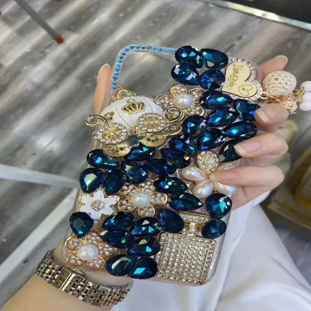 Luxury 3D Diamond Phone Case for iPhone 14, 15, 13, 12, 16 Pro Max, Perfume, Pumpkin, Rhinestone Back Cover