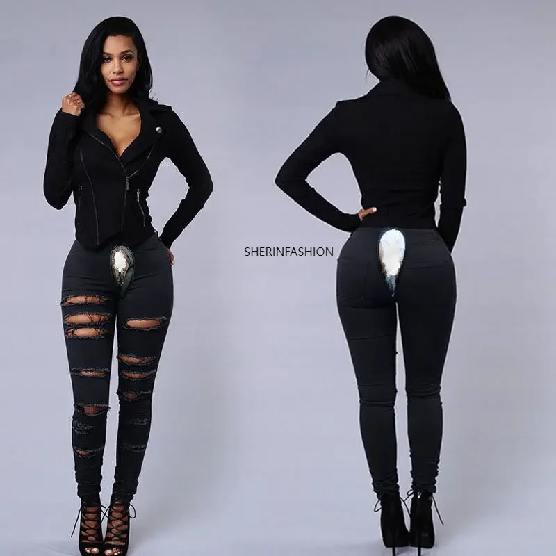 Outdoor Open Crotch Sex Pants Exotic Hotpants Women Boyfriend Ripped Jeans Peach Hip Denim Y2k Trousers Couple Casual Streetwear