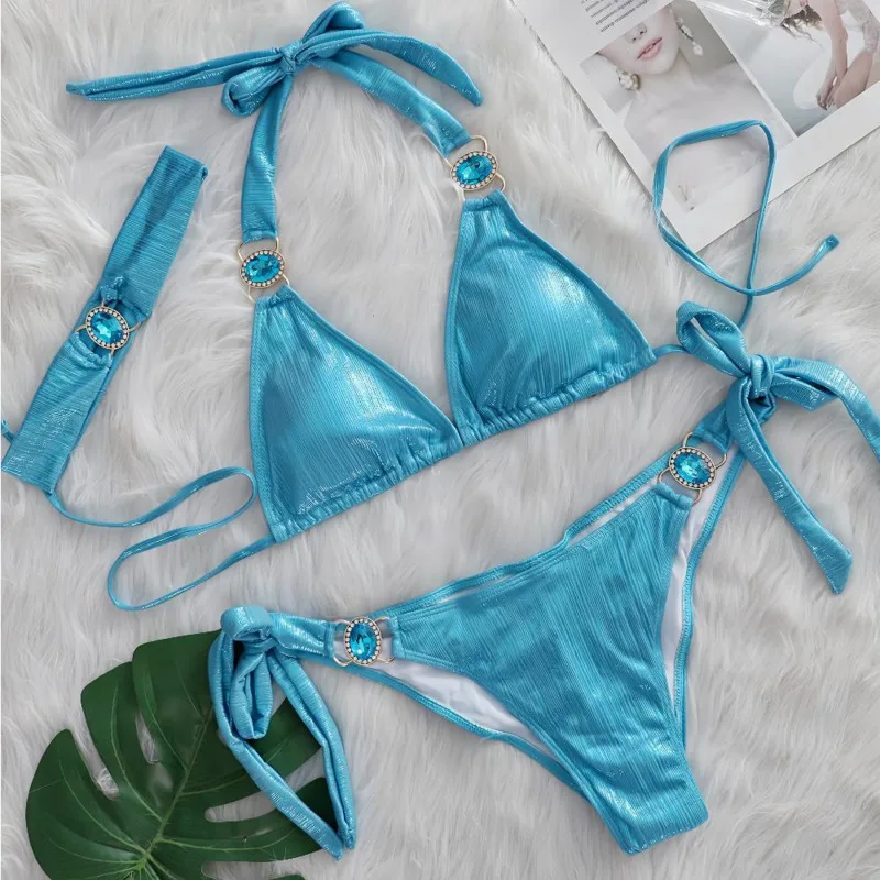 Verão sexy biquinis maiô com strass roupa de banho feminina push up bikini praia swim wear fatos de banho piscina banhista