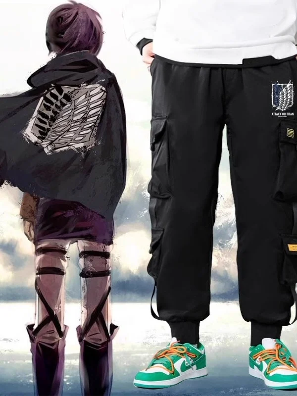 進撃の巨人-スリーストラップ-フリーダムウィング-ワークパンツ-メンズ-秋冬-スポーツ-カジュアルパンツ-カフ付き-ロングパンツ