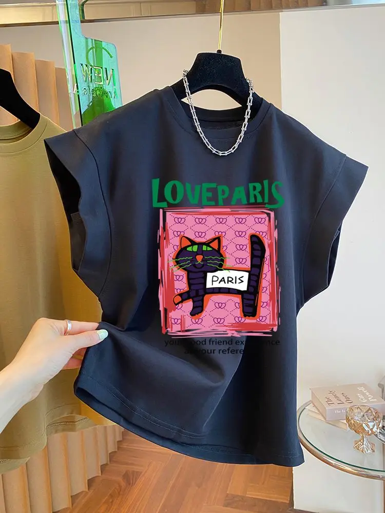 Pure Cotton Flying Sleeve Unique T Shirts Cute Cats Designer Women's Summer  Width Regular Korean Sle Casual Top