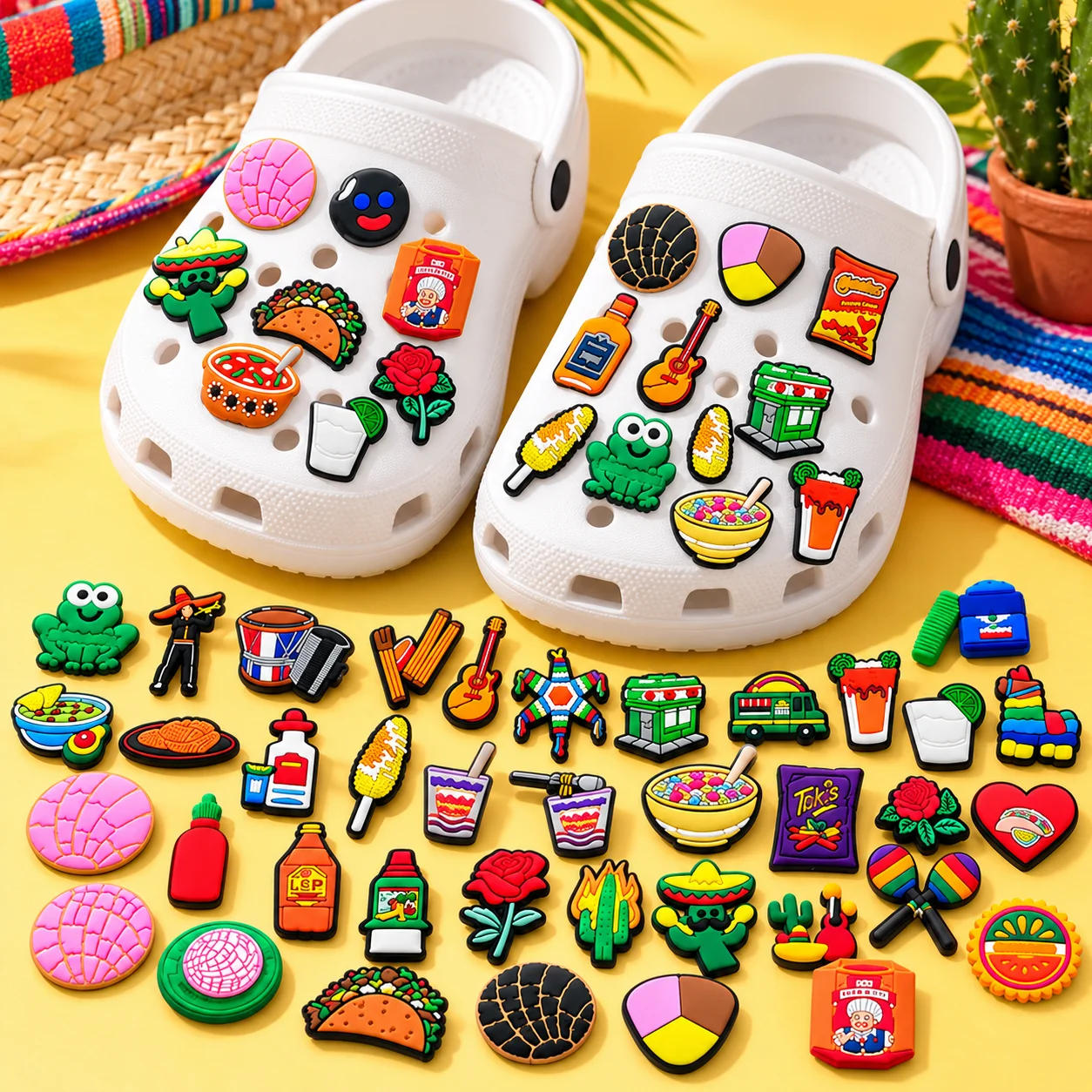 50pcs Mexican Culture Shoe Charms Set Taco Cactus PVC Pins for Clogs Latin Food Accessories Gift for Men Women Teens Kids