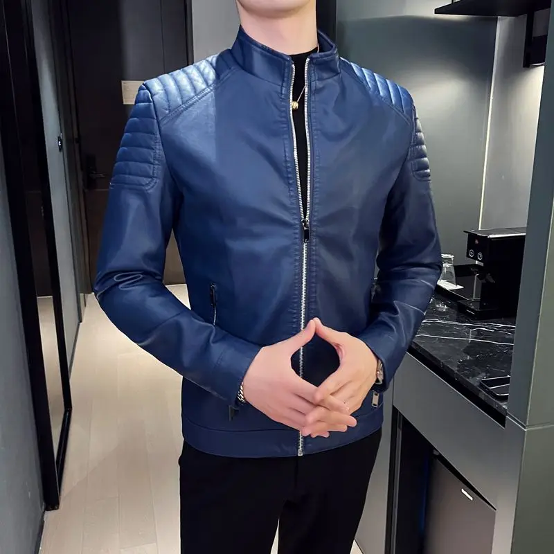 

Мужская весенне-осенняя тонкая мотоциклетная куртка из искусственной кожи с воротником-стойкой в корейском стиле, повседневная верхняя одежда для молодых парней