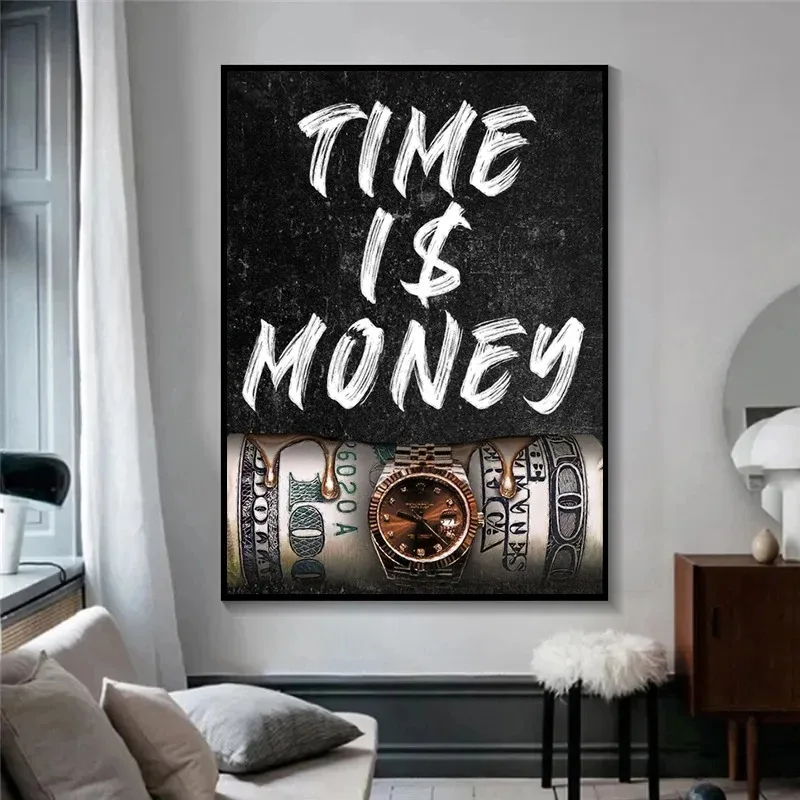 Time Is Money Motivational Quote Canvas Painting Dollar Posters and Prints Wall Art Pictures for Office Home Decoration Cuadros