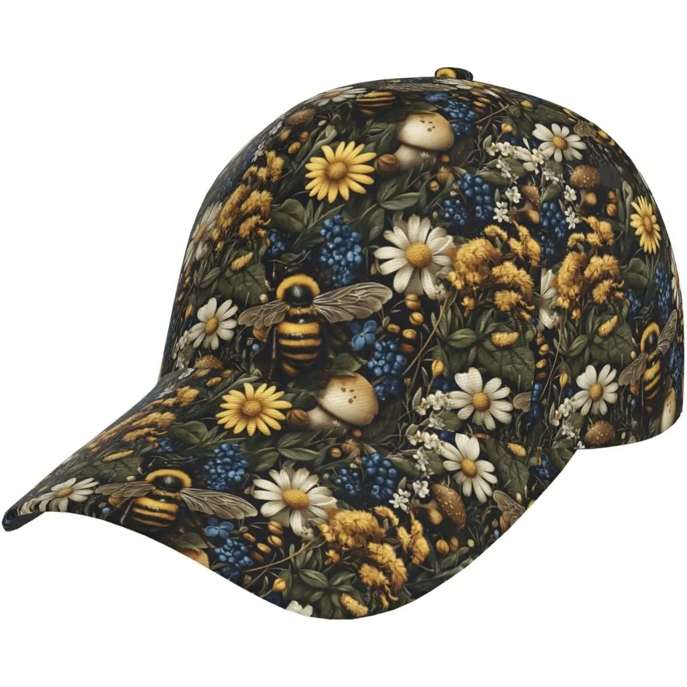 Trucker Hat Men Women Daisy Flower Bee Print Adjustable Baseball Cap Hiking Running Dad Golf Hat Black