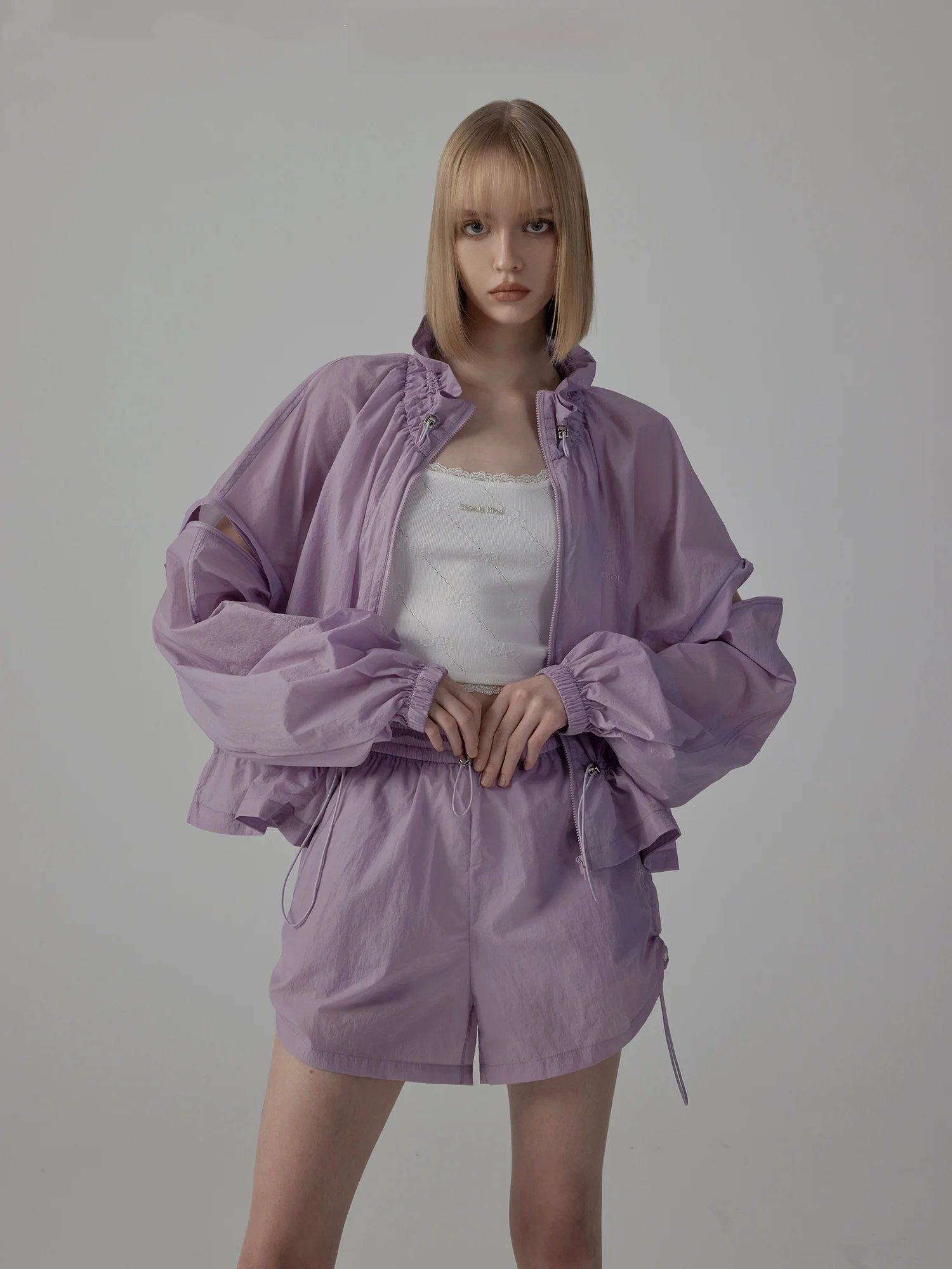 Moonmoi UPF50 Roupas de Proteção Solar Conjunto em Roxo Íris Design Original Ajuste Solto Manga Longa Fecho com Zíper Nylon