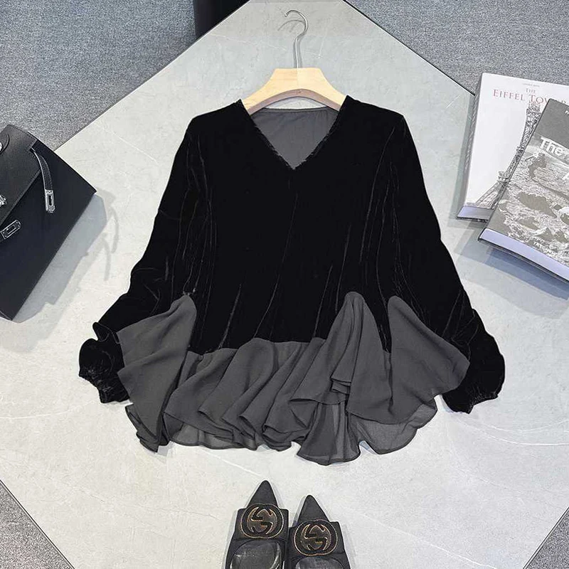 Autumn Winter Velvet Spliced Women V Neck Long Sleeve T Shirts Fashion Ruffles Business Casual Lady 2xl Oversized Tops Tee Black