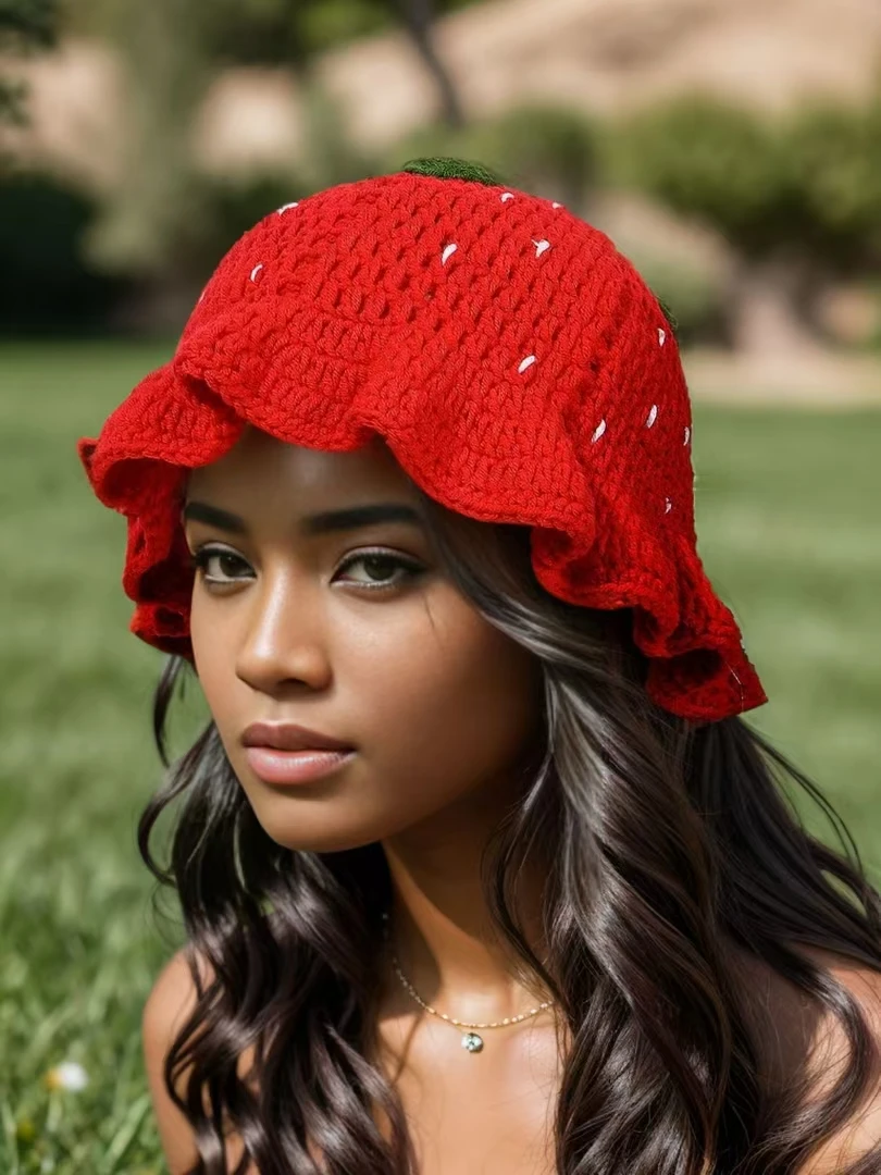 Herbst Handgemachte Häkeln Rote Erdbeere Eimer Hut Für Frauen Mädchen Süße Nette Rüschen Fischer Kappe Warme Winter Gorro Hüte Geschenk