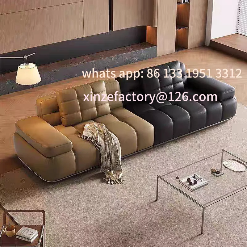 

Customizable Italian minimalist high backrest leather sofa living room straight row first layer cowhide