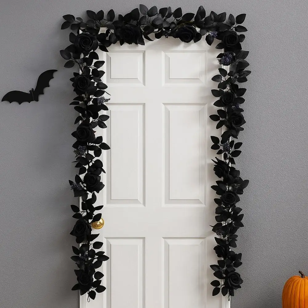 Black Halloween Rose Leaf Vines Simulated Flowers 175cm Artificial Rose Vines Handmade Realistic Halloween Garland