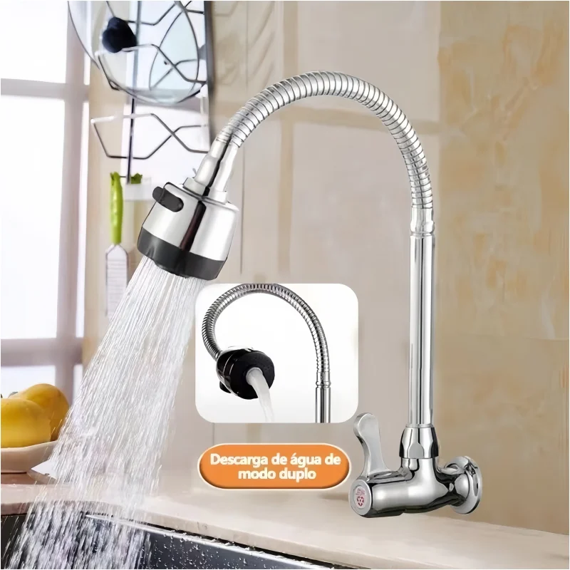 

Stainless Steel Silver Kitchen Faucet Cold Water Faucets Wall Mounted tap Sink Mixer Tap Dual Swivel Spouts Sink Mixer Crane