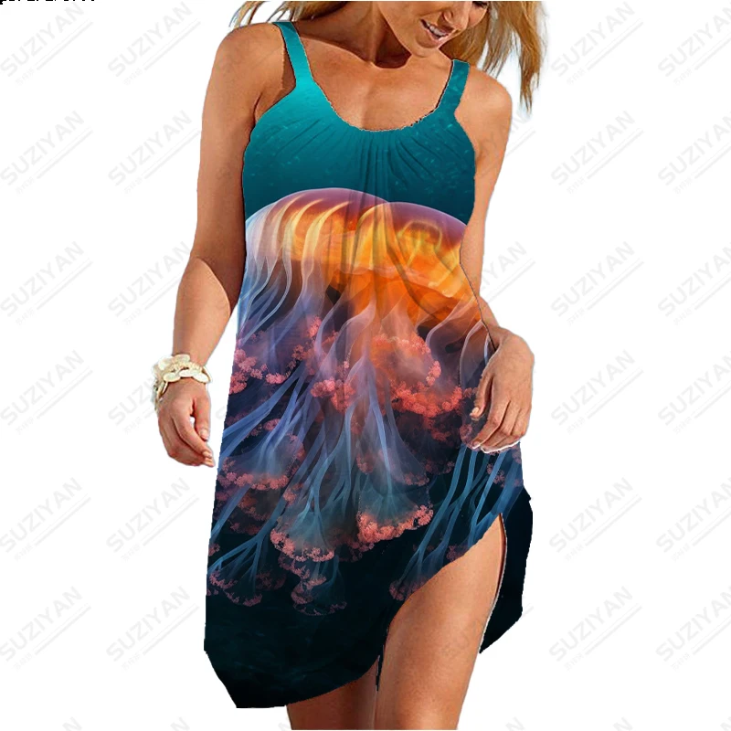 Daily Home Casual Dress Fluorescent Jellyfish 3D Printed Dress Simple Comfortable Dress Round Neck Sleeveless Dress