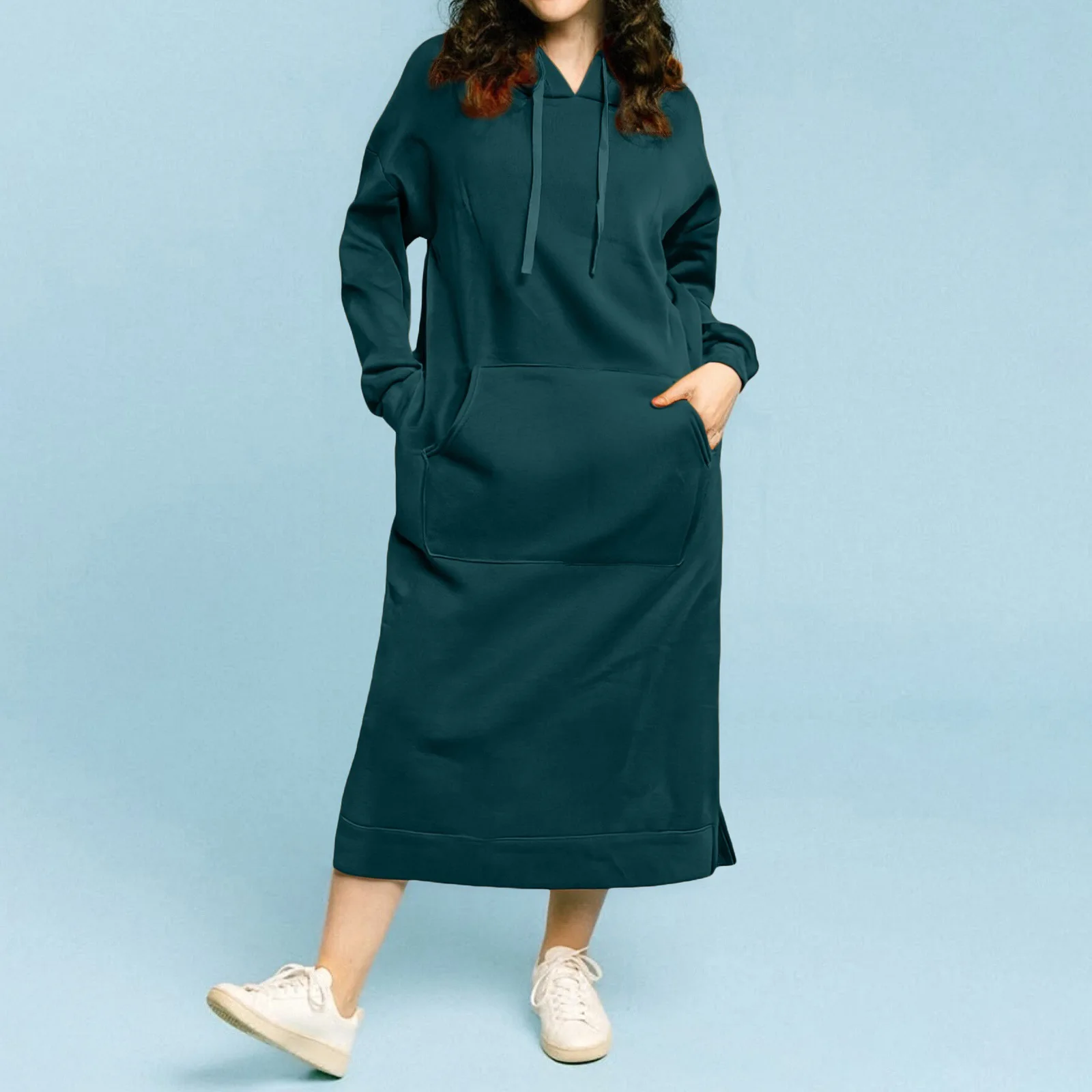 Side Slit Hooded Maxi Dress for Women Drawstring Long Sleeve Solid Casual Sweatshirt Dress
