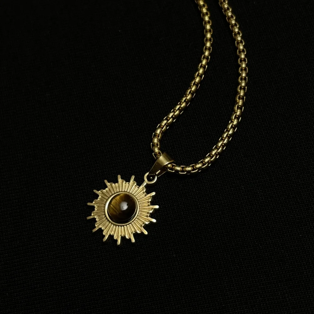 Retro-Sonnenblumen-Tigerauge-Anhänger-Halskette Hip-Hop Herren Lange Edelstahl-Pulloverkette Schmuck Mode-Accessoires – Detail 3
