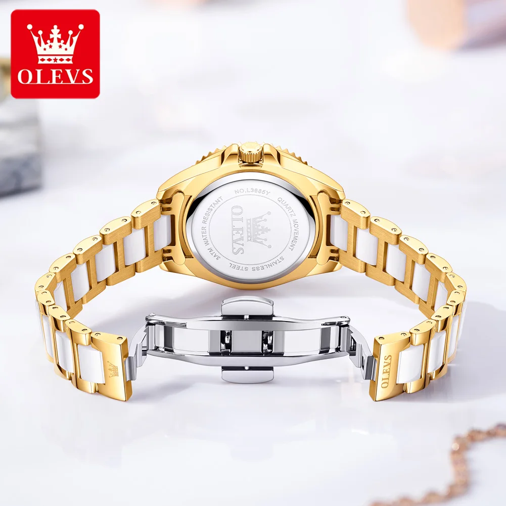 OLEVS 3685 Original Quartz Movement Watch Smart Steel Ceramic Bracelet Luminous Function 30m Waterproof Calendar Window Watch