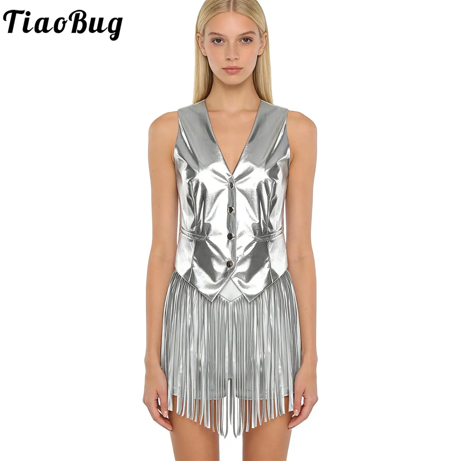 

Женский переливающийся металлический клубный наряд, танцевальная одежда для джаза, танго, блестящий жилет и шорты с юбкой с бахромой для сцены, джазового рок-клуба