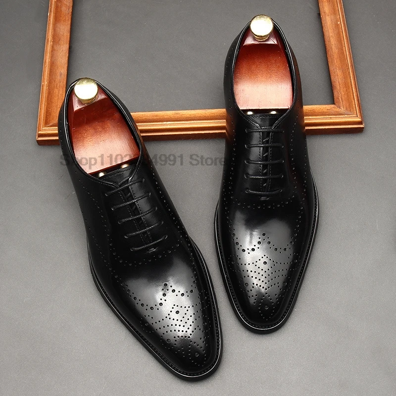 HNXC Black Formal Shoes Men Genuine Leather Pointed Toe Oxford Shoes High Quality Lace-up Wedding Office Business Dress Shoe