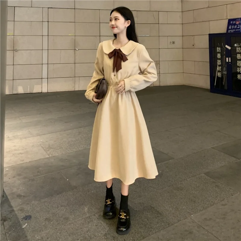 

French Hepburn Style Women's Dress Vintage Preppy Style Doll Collar Long Sleeve Solid Mid-length Dress Female Cute Sweet Dresses