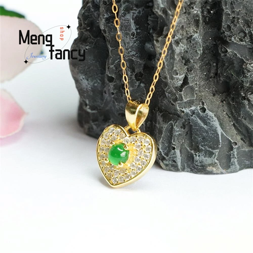 S925 Silver Inlaid Natural Jadeite Ice Type Imperial Green Heart Pendant Exquisite Sexy Young Girls Charm Luxury Fashion Jewelry