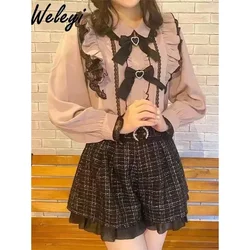 Jirai Kei Sweet Rojita Shirt top donna moda giapponese 2024 Summer Mine Mass product Doll Collar Bow camicie di pizzo a forma di cuore