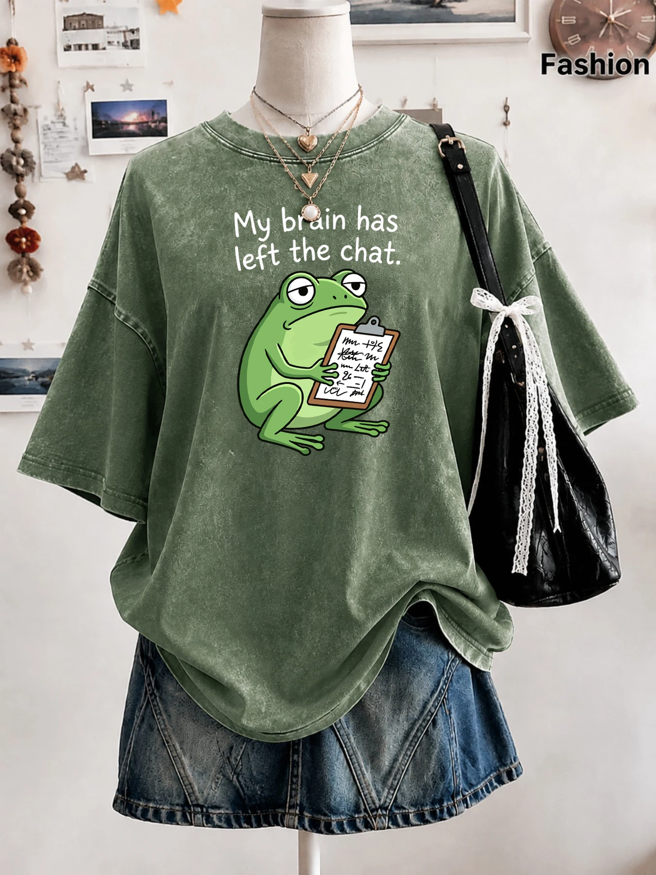Funny Tired Frog With Notepad Print Women'S Washed T-Shirts Casual Loose T Shirt Summer Beach Streetwear Cotton Oversized Tops