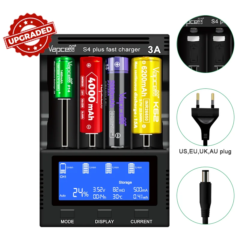 Intelligent Vapcell S4 Plus V3.0 Fast Charger 4 Slots 12A Powerful Lithium ion Battery Charger With NEW Storage Mod Adapter