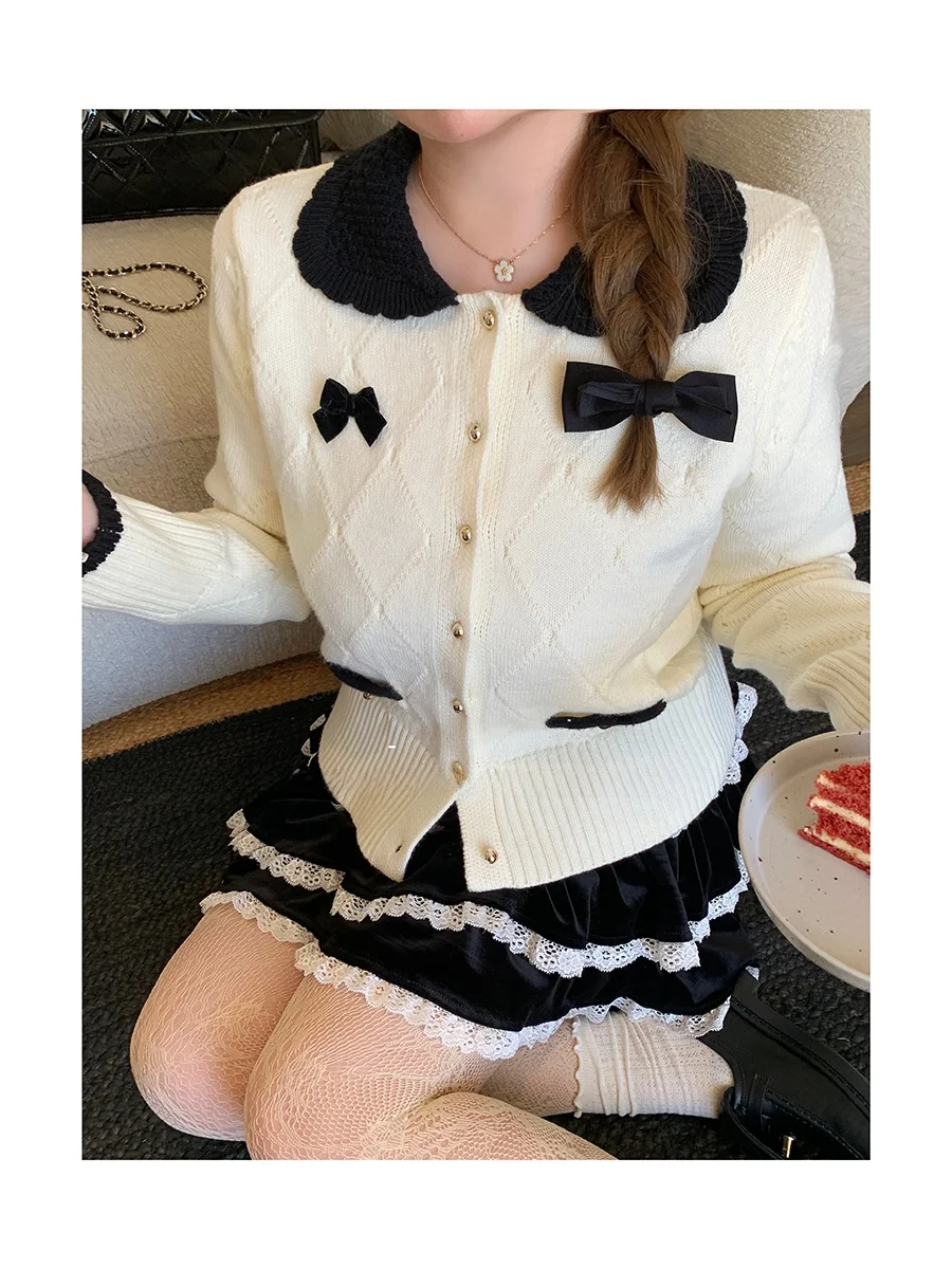 

Вязаный топ Fatfaaby большого размера с воротником-бабочкой, женский свитер с высокой талией, облегающий, с кружевными вставками и юбкой-тортом