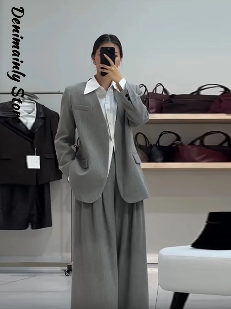 

Новый женский повседневный костюм-двойка: серый оверсайз блейзер и брюки с широкими штанинами, свободный крой, для офиса, весна 2026