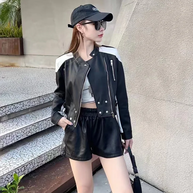 2024 Women's Short PU Leather Coat Women's Autumn New Fashion Design Sense Special Multicolor Waist Slimming Leather Coat