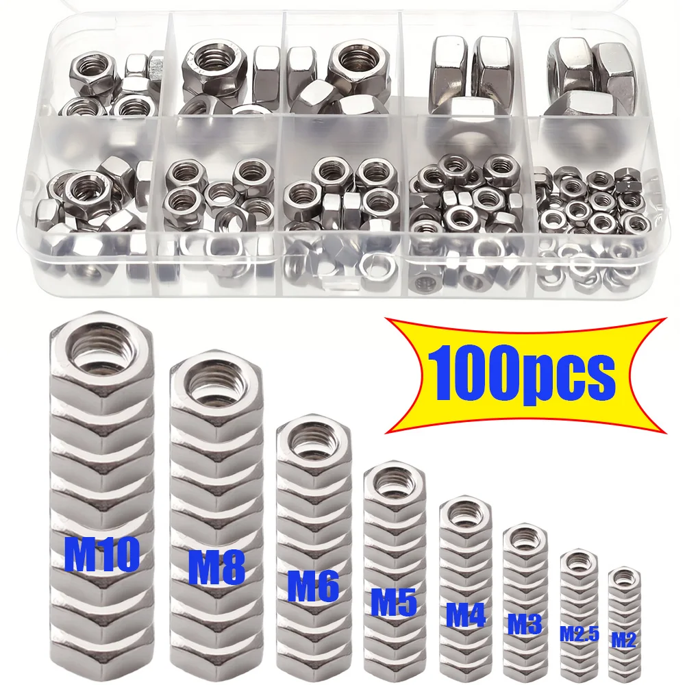 100-Piece Stainless Steel Hex Nuts Set, Sizes M3-M10, Industrial Equipment Accessories, Suitable for Home & Building Maintenance