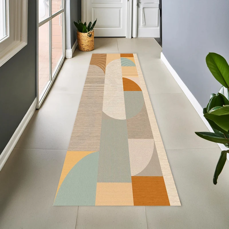 Mid Century Blue Orange Curved Block Abstract Geometric Felt Runner Rug Non Slip Wearproof Minimal Modern Long Kitchen Mat