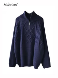 Maglione di lana lavorato a trecce oversize da donna Pullover lavorato a maglia caldo spesso Dolcevita a maniche lunghe solido Cappotto invernale con cerniera C-148