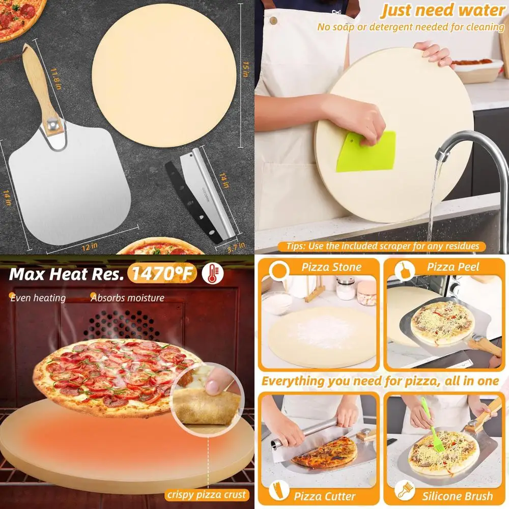 

15 Thickened Round Pizza Stone Set for Oven and Grill with Peels and Cutter, Ideal for Baking Pizza and Bread