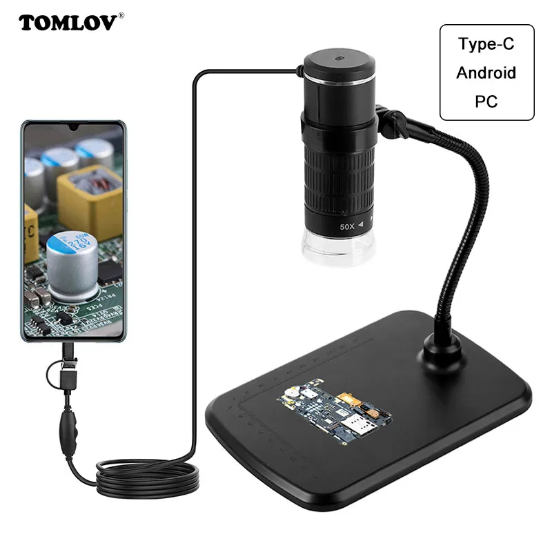 TOMLOV USB Digital Microscope 1000X Mobile Phone Microscope Support IOS Android PC Electronic Microscope for Soldering Repairing