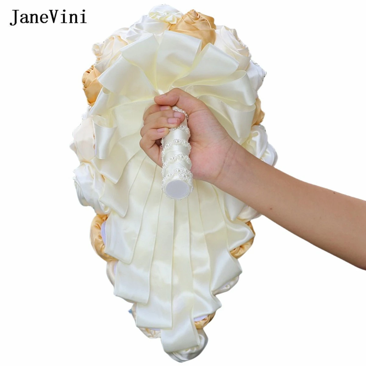 JaneVini-ramos de novia en cascada de albaricoque, perlas artificiales, rosas de satén, ramo de boda para novia, elegante, coreano, 2023